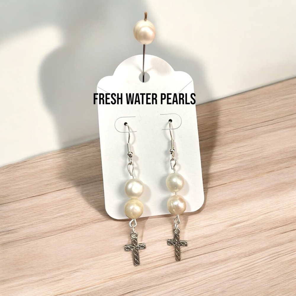 Elegant Freshwater Pearl Cross Earrings